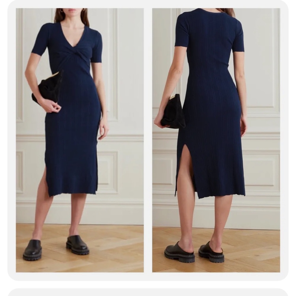 Frame Twist Front Navy Midi Sweater Dress